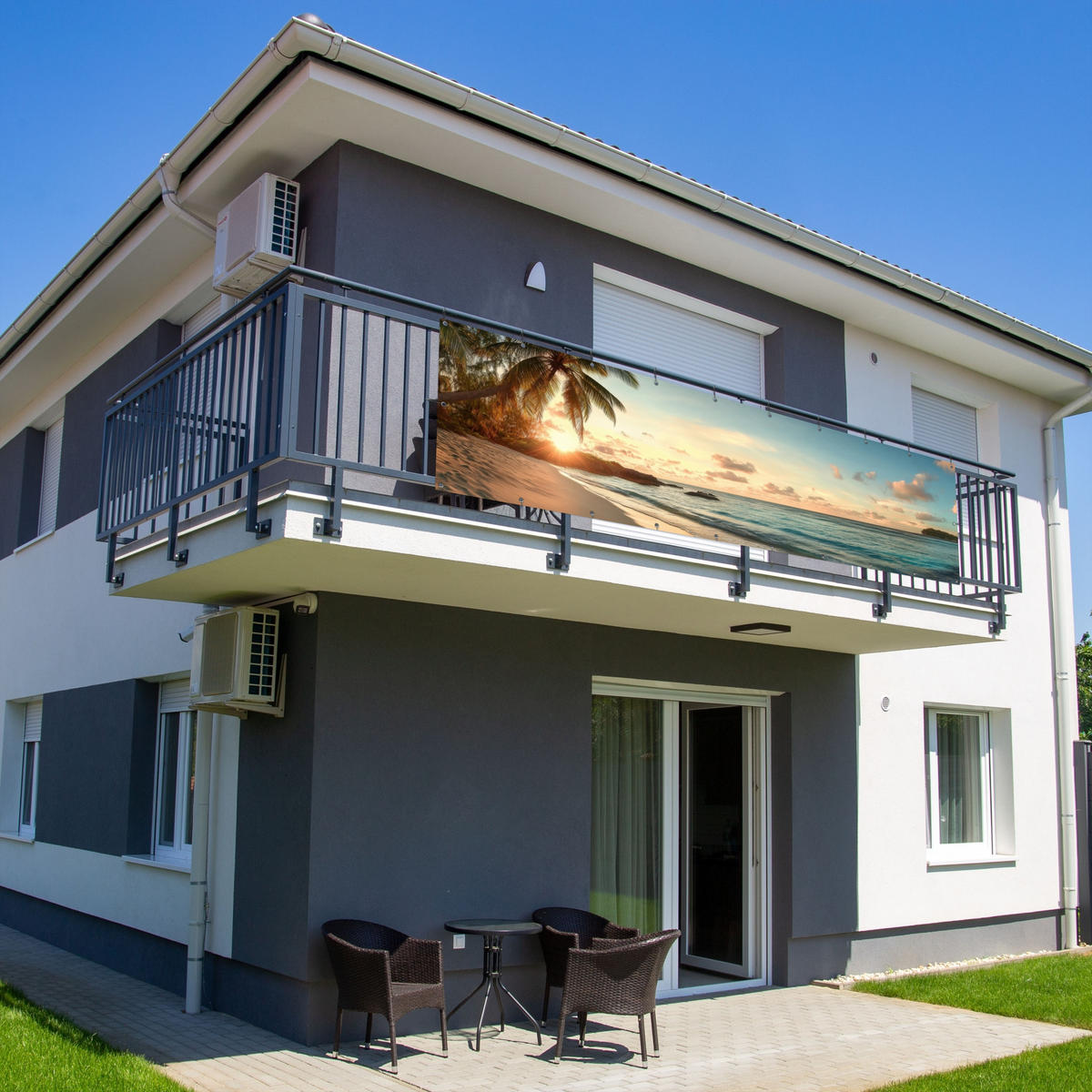 BALKON-SICHTSCHUTZ Strand - Palmen - Meer - Sonnenuntergang 300x75 cm - Samtahornfarben, Kunststoff (300/75cm) - MuchoWow