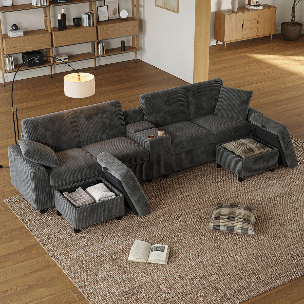 SOFA Grau U-Form Cord Stauraum USB Hocker 315cm Schlaffunktion - Grau, Textil (135/81/315cm) - FLIEKS