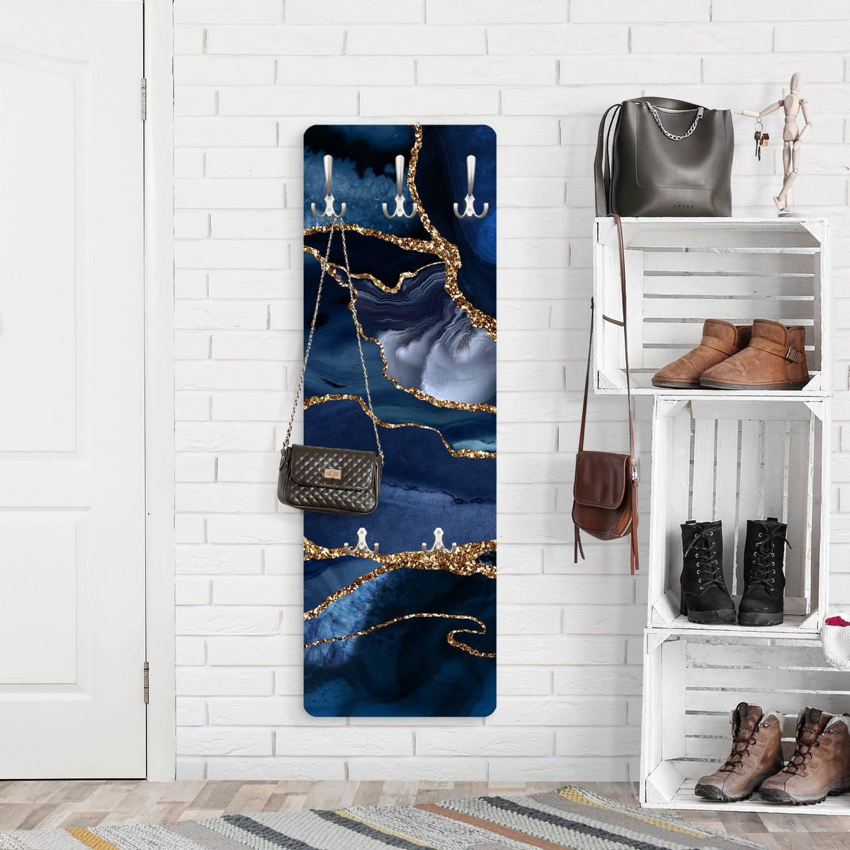 WANDGARDEROBE - Goldene Glitzer Wellen vor Blau 34/105 cm - Blau, Holzwerkstoff (34/105/1.6cm) - Bilderwelten