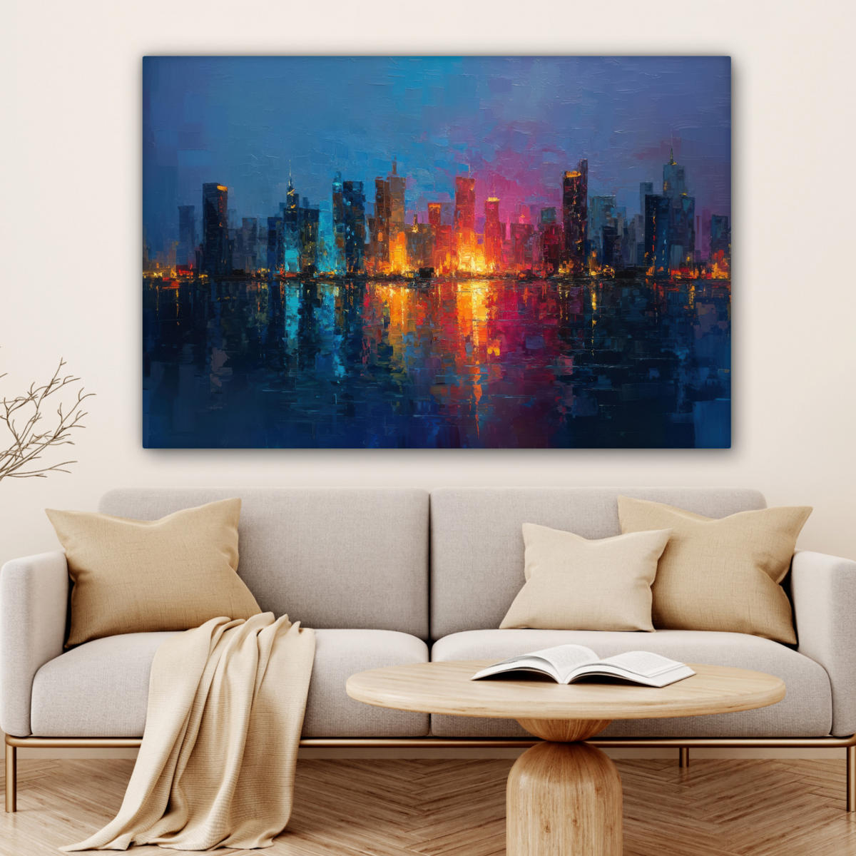 LEINWANDBILD Skyline - Pinselstriche - Dunkelblau - Leuchtend Groß 140x90 cm - Blau, Textil (140/90cm) - MuchoWow