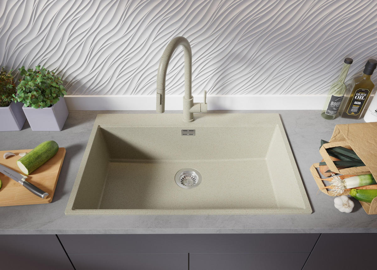 GRANITSPÜLE Oslo, 2-er set Beige 78/50 cm 1 Becken + Küchenarmatur 32/20 cm + Ablauf-Set + Schneidebrett ab 80er Unterschrank - Beige, Kunststoff (78/20/50cm) - Primagran