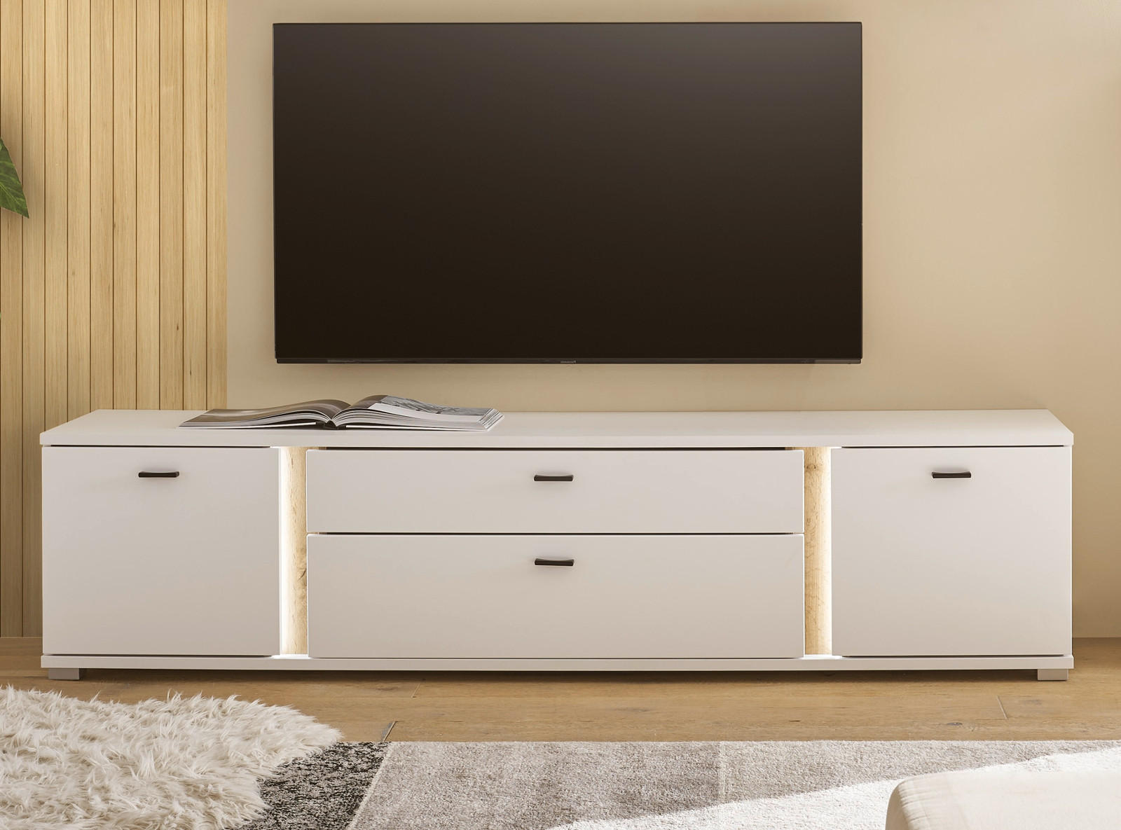 TV-LOWBOARD weiß matt, Eiche Wotan 201 cm, TV Unterteil inklusive Frontbeleuchtung - Silberfarben/Eiche Wotan, Holzwerkstoff/Kunststoff (200/48/42cm) - Furn.Design