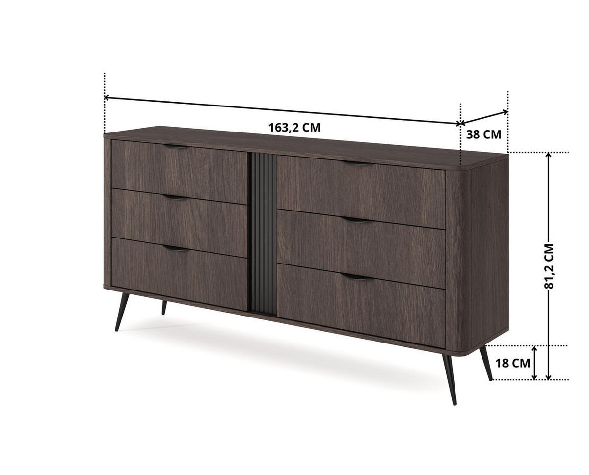 SIDEBOARD Terzo 2D 3S Eiche Dunin mit Rillendekor - Schwarz Metallfüße - Eichefarben/Schwarz, Holz/Holzwerkstoff (163/81/38cm) - Ravio