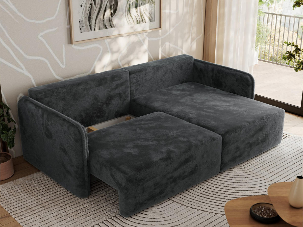 ECKSCHLAFSOFA MESTO L Dunkelgrau Plüsch - rechts - Dunkelgrau/Schwarz, Kunststoff/Textil (147/227cm) - MKS