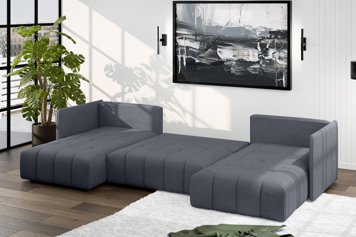 WOHNLANDSCHAFT Veliro U Grau 353/180/83 cm mit Schlaffunktion und Bettkasten - Dunkelgrau/Schwarz, Kunststoff/Textil (353/83/180cm) - AX Living