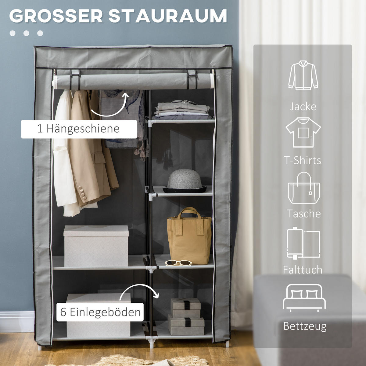 KLEIDERSCHRANK 103/162,5/43 cm Grau aus Stoff mit 6 Fächern - Grau, Textil (43/162.5/103cm) - OKMYHOME