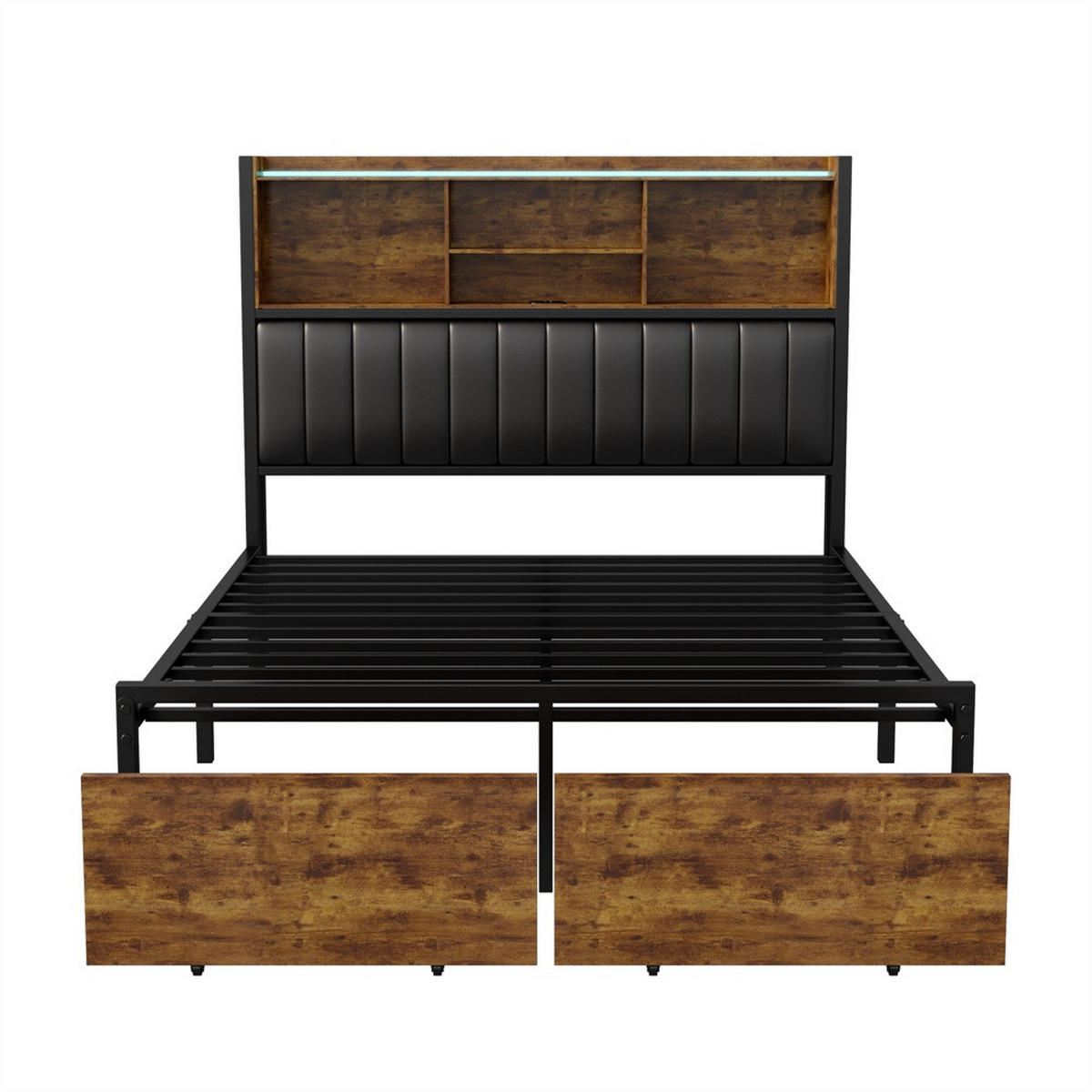 METALLBETT 140 x 200 cm mit 2 Schubladen - Kopfteil-Ablage mit LED-Beleuchtung und USB-Anschlüsse - Braun-Schwarz - Braun, Metall (140/200cm) - DELFA