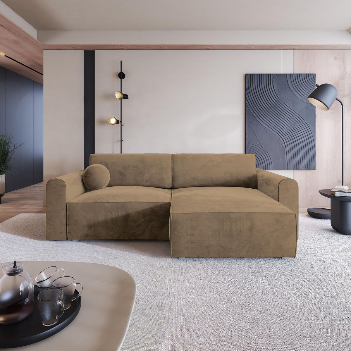 ECKSOFA FIANO M Beige Velours-Stoff mit Schlaffunktion - Beige/Grau, Holz/Kunststoff (245/148cm) - MASSENO