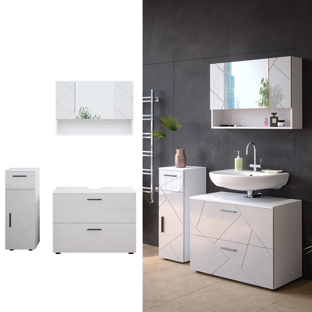 BADMÖBEL-SET Irma Weiß Hochglanz 3 Teile mit Schubladenschrank und Midischrank - Weiß Hochglanz/Weiß, Holzwerkstoff (80/58.6/41cm) - Vicco