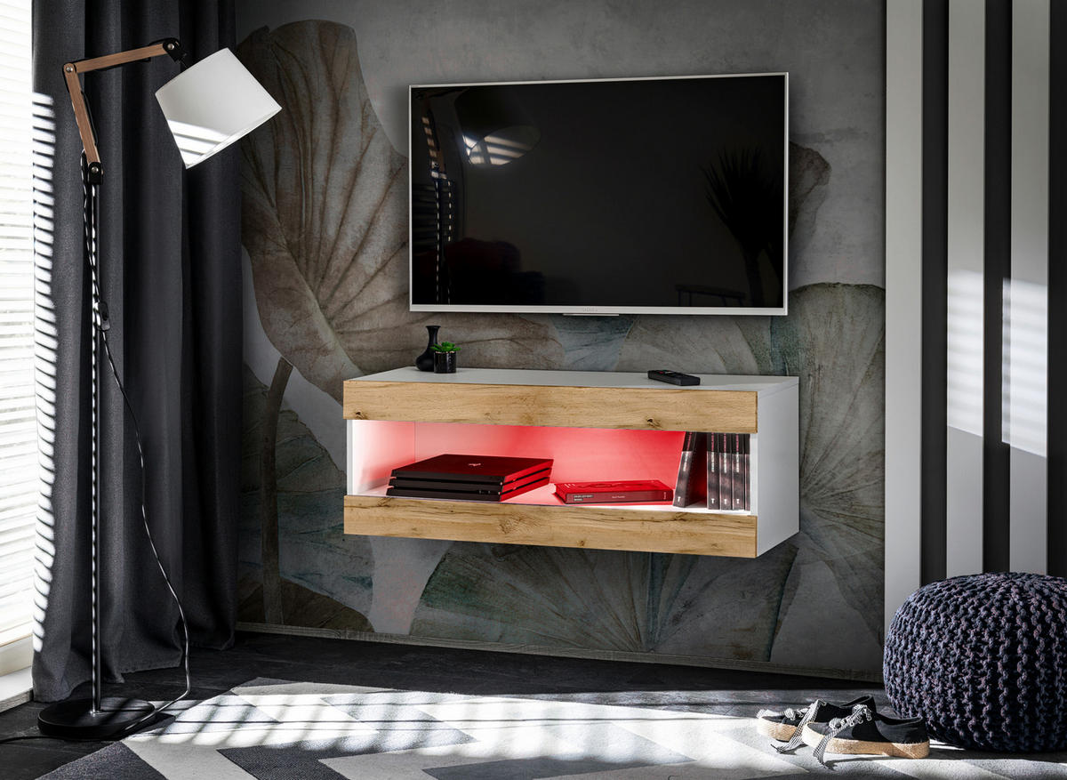 HÄNGEBOARD TV TIVOLI RTV2+RGB Offener Raum Weiß + Wotan - Eiche Wotan/Weiß, Glas/Holzwerkstoff (100/36/35cm) - Komodee
