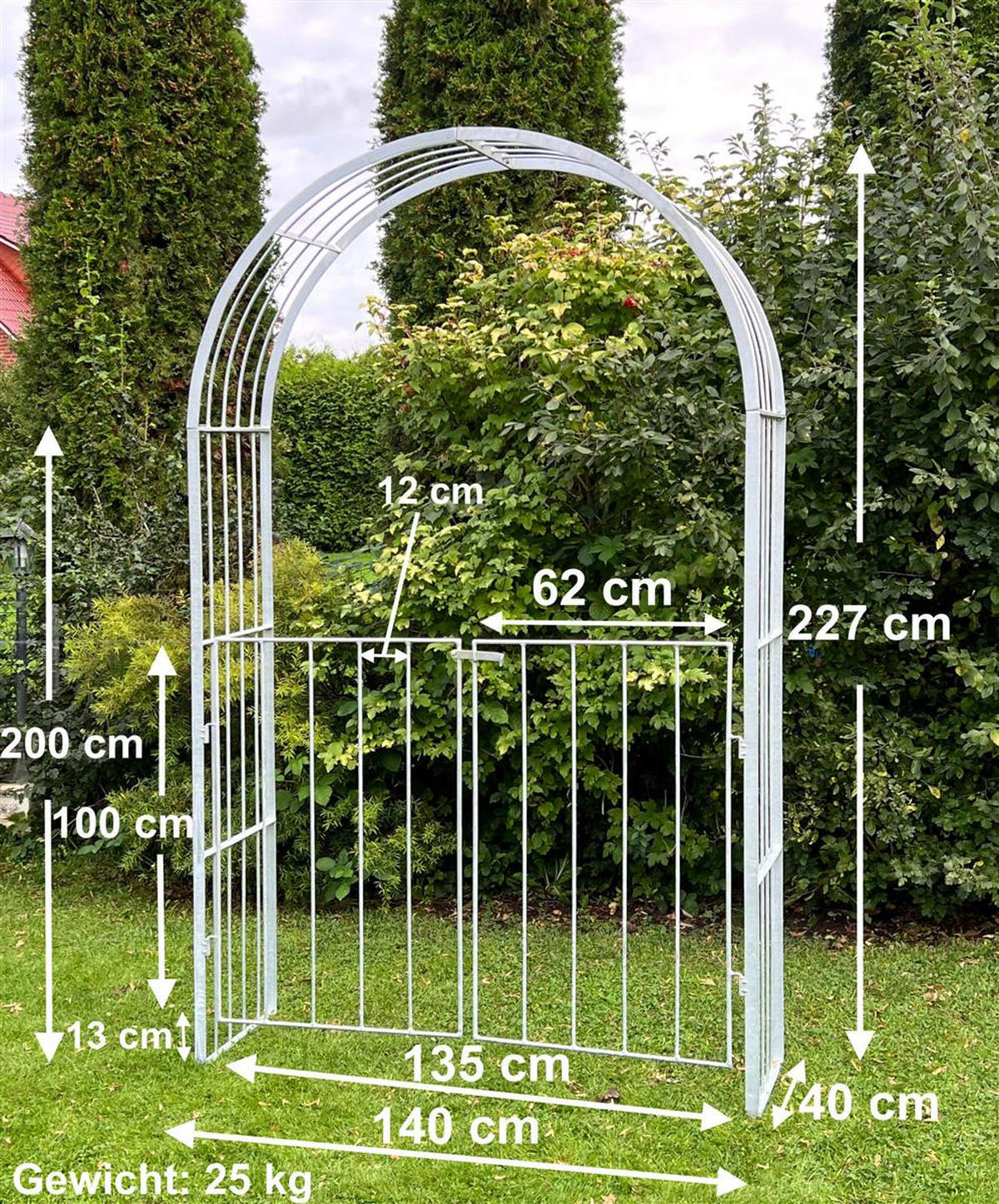 ROSENBOGEN mit Tor Metall verzinkt 140/40/230 cm - Grau, Metall (140/230/40cm) - DanDiBo