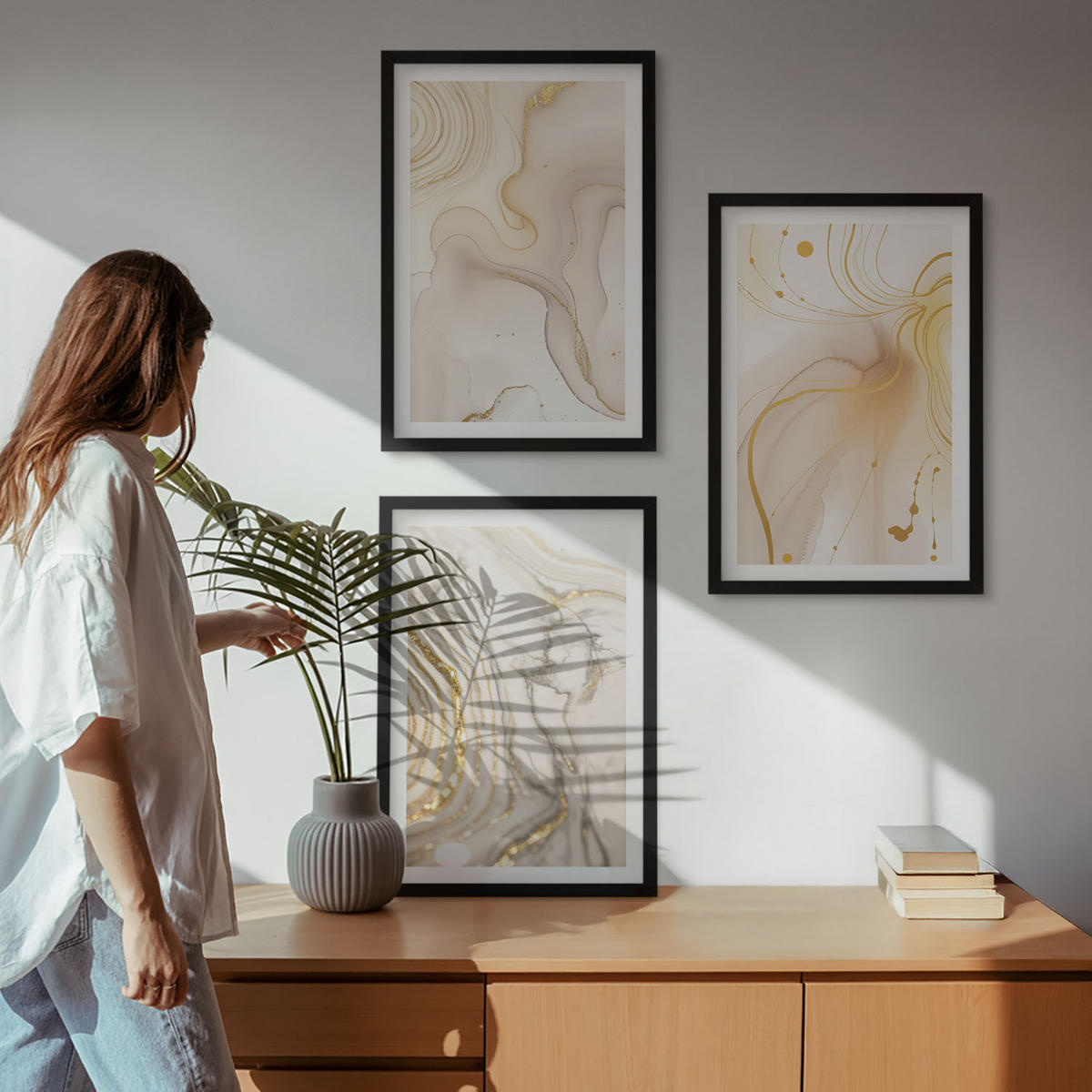 BILDER SET 3er Set - 40x60 cm Schwarzer Rahmen - Subtile abstrakte Muster - Schwarz, Kunststoff (40/60cm) - TULUP