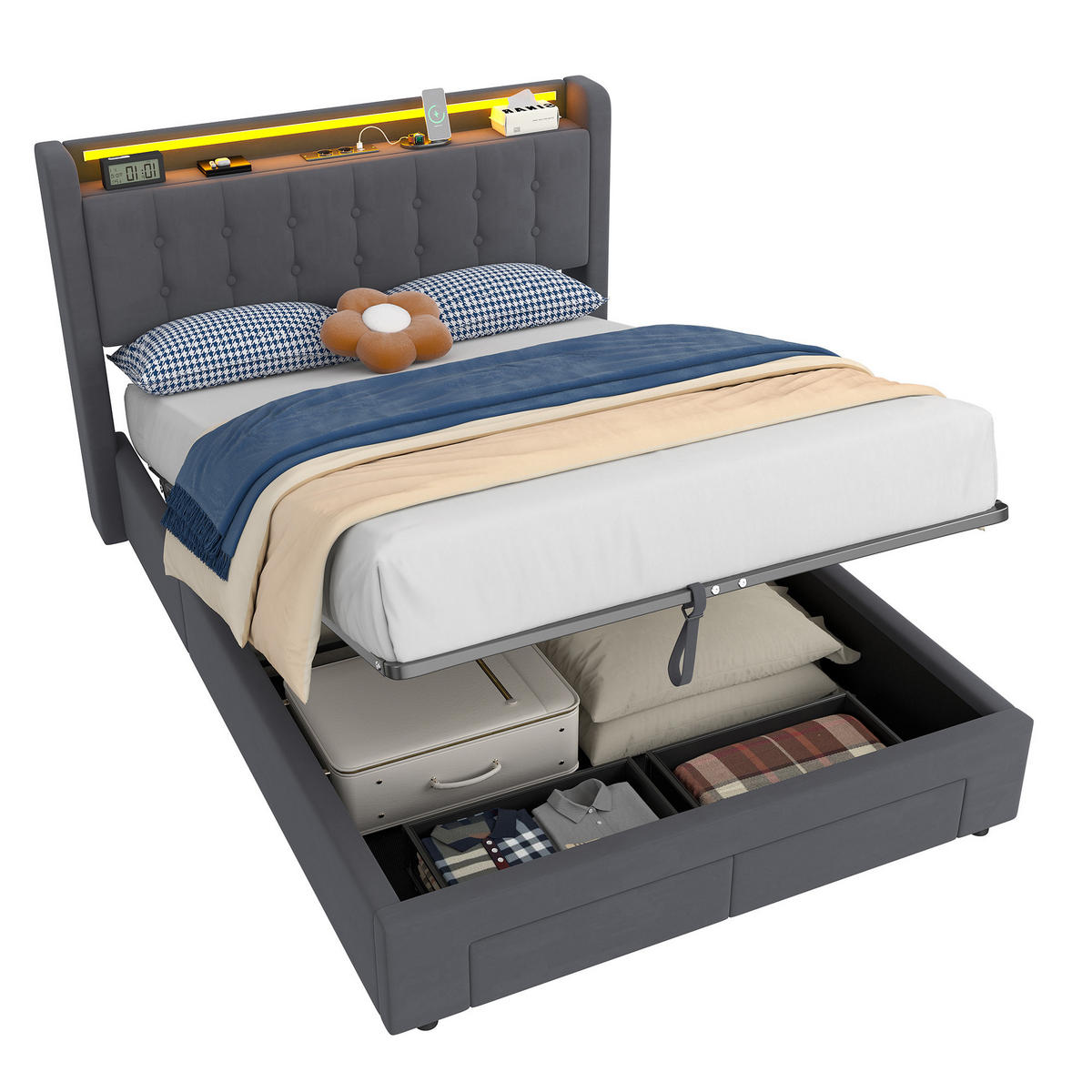 POLSTERBETT 140/190 cm in Dunkelgrau Samt mit Bettkasten, Schubladen und USB/LED-Beleuchtung - Dunkelgrau, Holzwerkstoff/Textil (140/190cm) - CHICFURN