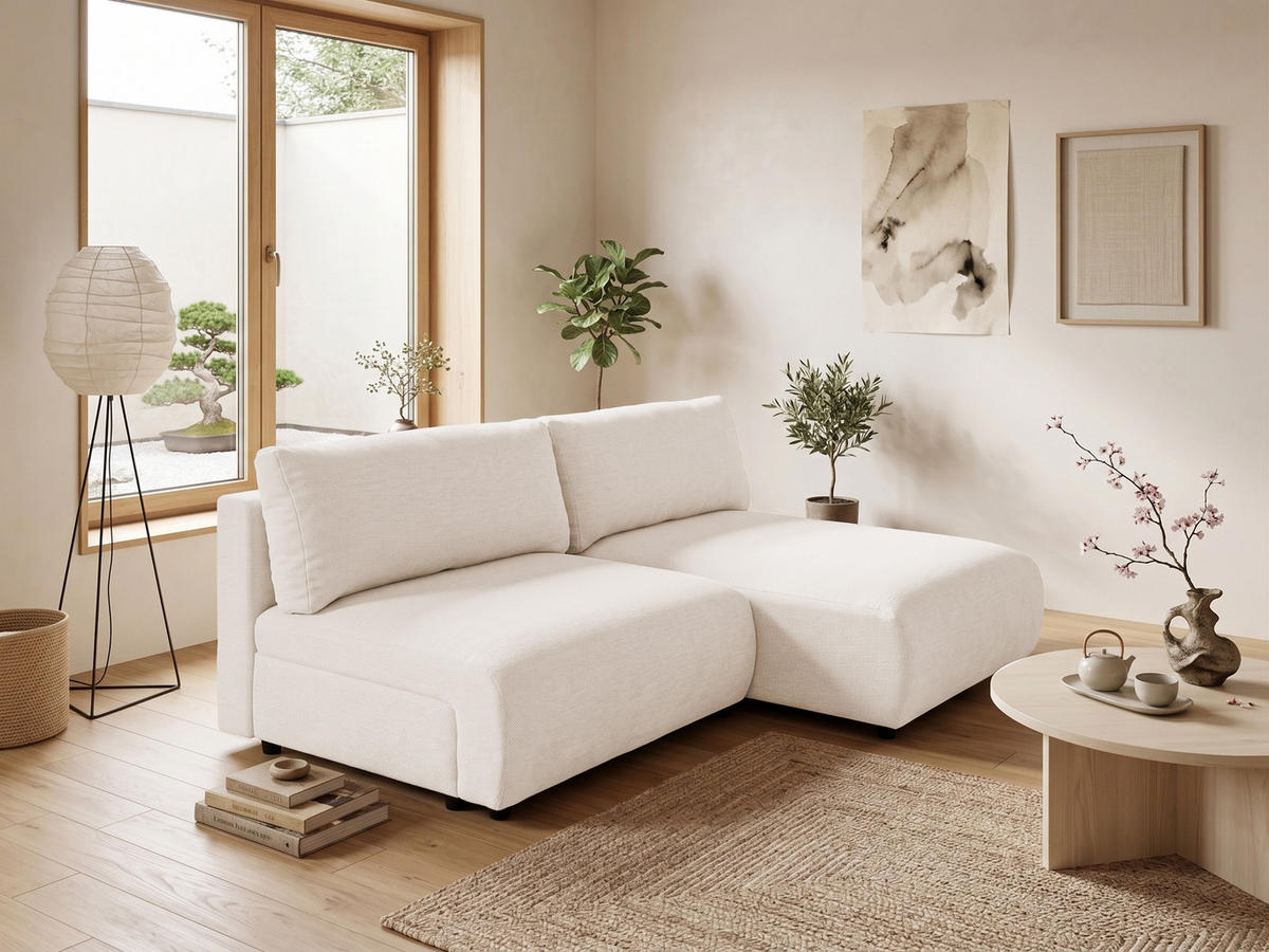 ECKSOFA Sora mit Schlaffunktion, Bettkasten und extra tiefer Komfortzone aus hochwertigem Creme Strukturstoff - Creme/Schwarz, Holz/Kunststoff (200/140cm) - S-Style
