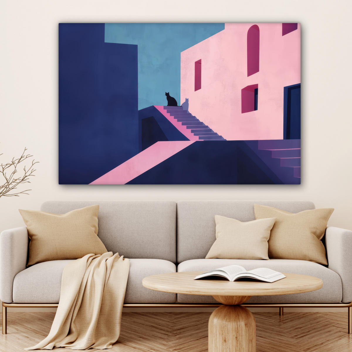 LEINWANDBILD Katze - Treppe - Gebäude - Schattenkontraste Wohnzimmer Groß 120x80 cm - Dunkelblau, Textil (120/80cm) - MuchoWow