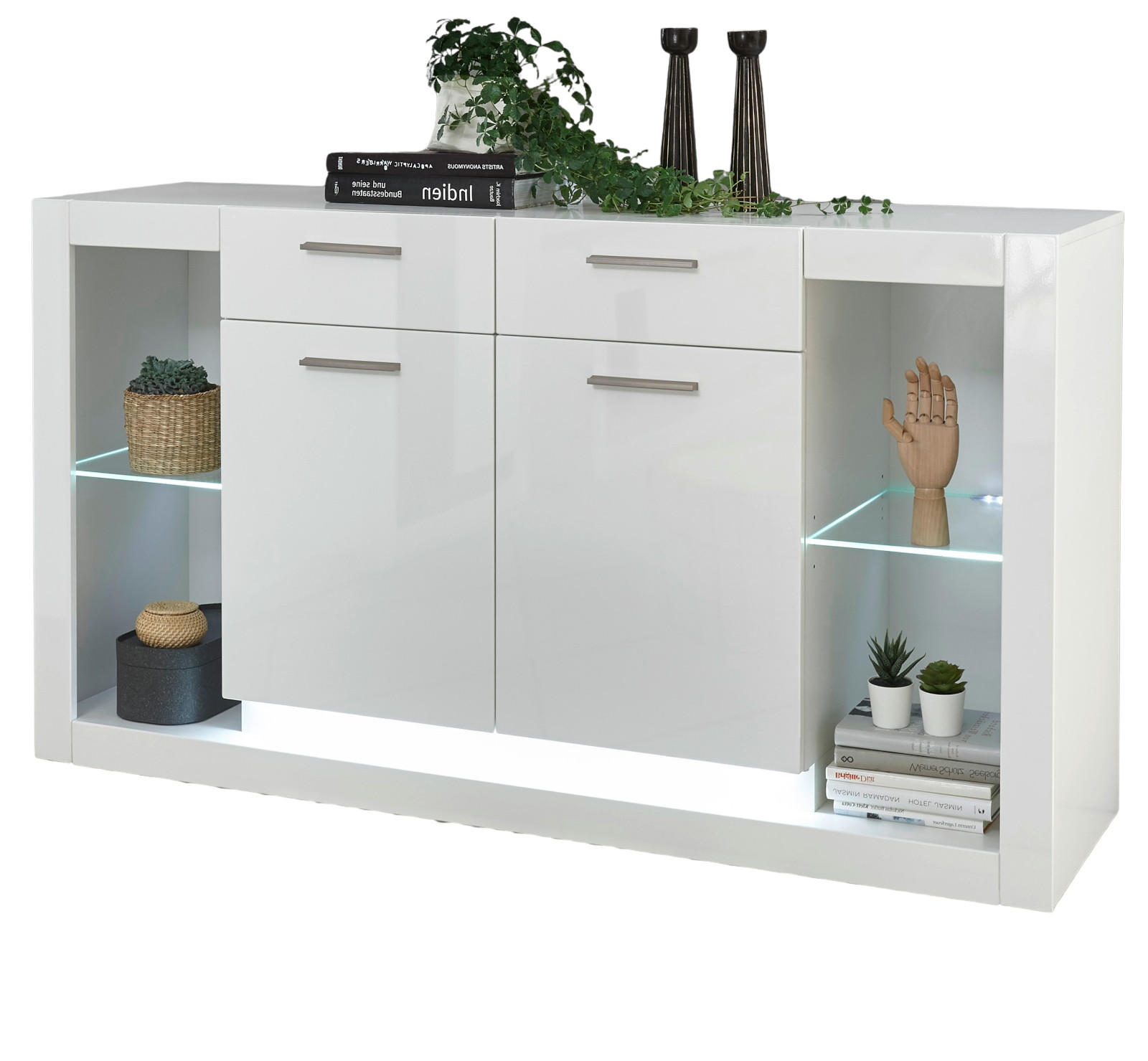 SIDEBOARD weiß Hochglanz 150 cm, Kommode mit viel Stauraum - Weiß Hochglanz/Silberfarben, Glas/Holzwerkstoff (150/83/43cm) - Furn.Design