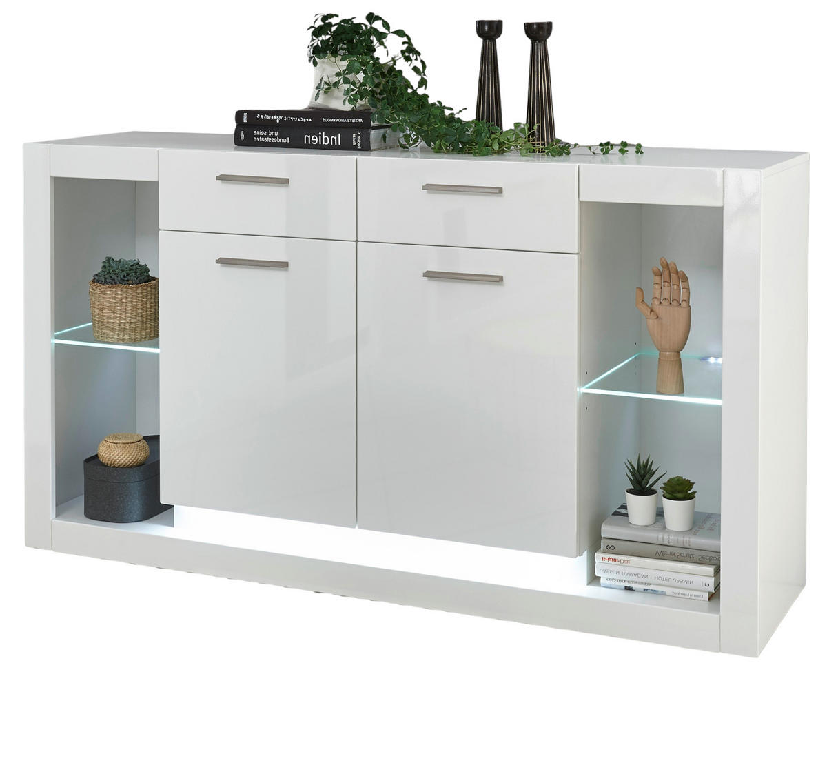 SIDEBOARD weiß Hochglanz 150 cm, Kommode mit viel Stauraum - Weiß Hochglanz/Silberfarben, Glas/Holzwerkstoff (150/83/43cm) - Furn.Design