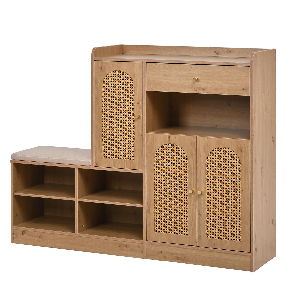 SCHUHSCHRANK 142/35/110 cm mit gepolsterter Sitzbank, Schublade und 3 Rattantüren aus Spanplatte, Natural - Naturfarben, Holzwerkstoff (142/110/35cm) - Redom