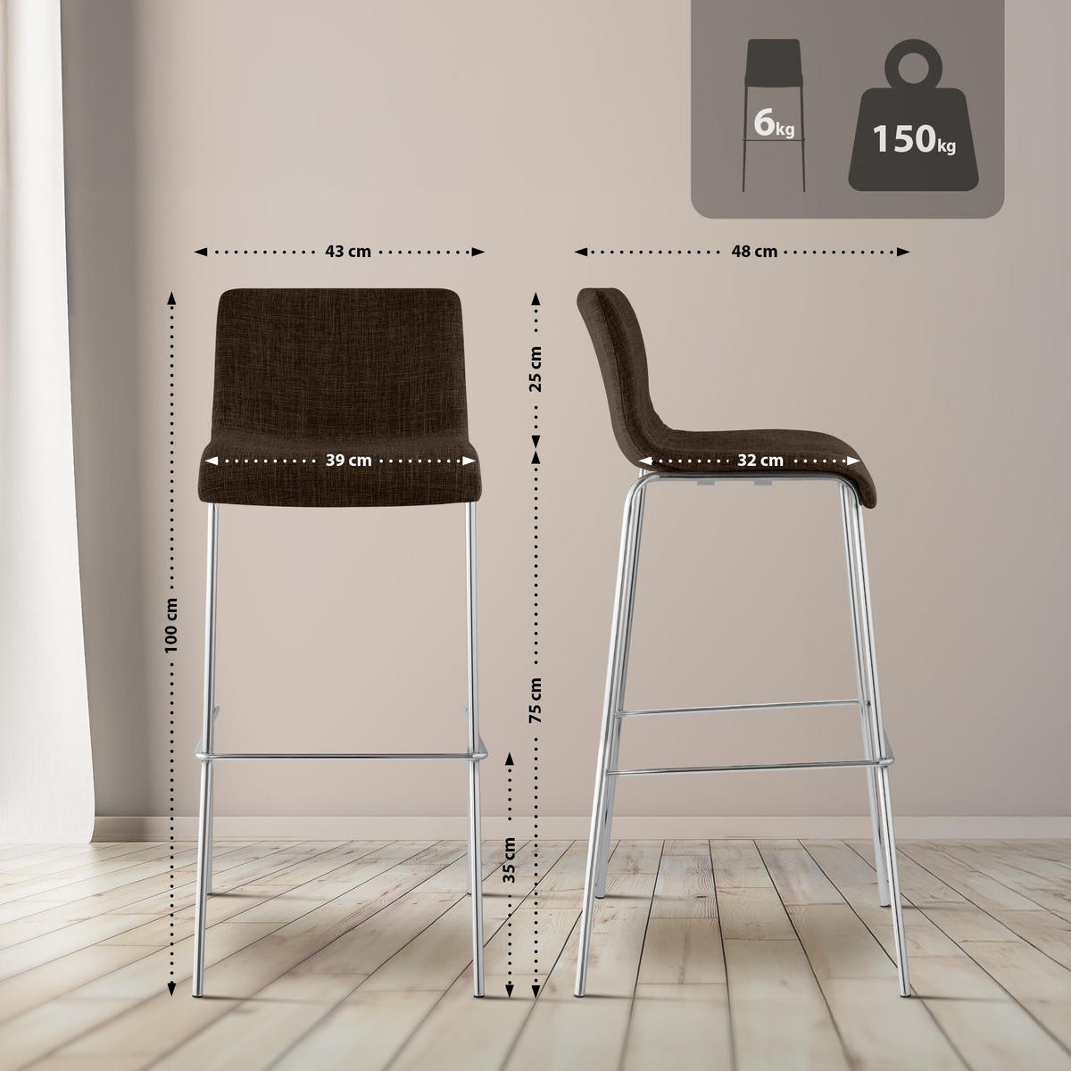 BARHOCKER Stoff Braun - Chromfarben/Braun, Textil/Metall (43/100/48cm) - CLP