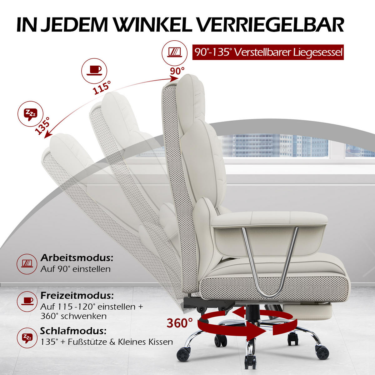 CHEFSESSEL ergonomisch, Leder, Fußstütze – Weiß - Weiß, Metall (58/128/50cm) - Rattantree