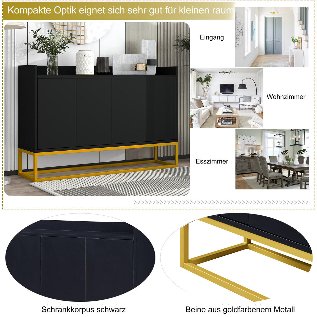 SIDEBOARD 120/30/80 cm in Schwarz mit 4 Türen und verstellbaren Einlegeböden - Schwarz, Holzwerkstoff (120/80/30cm) - Flora Grace
