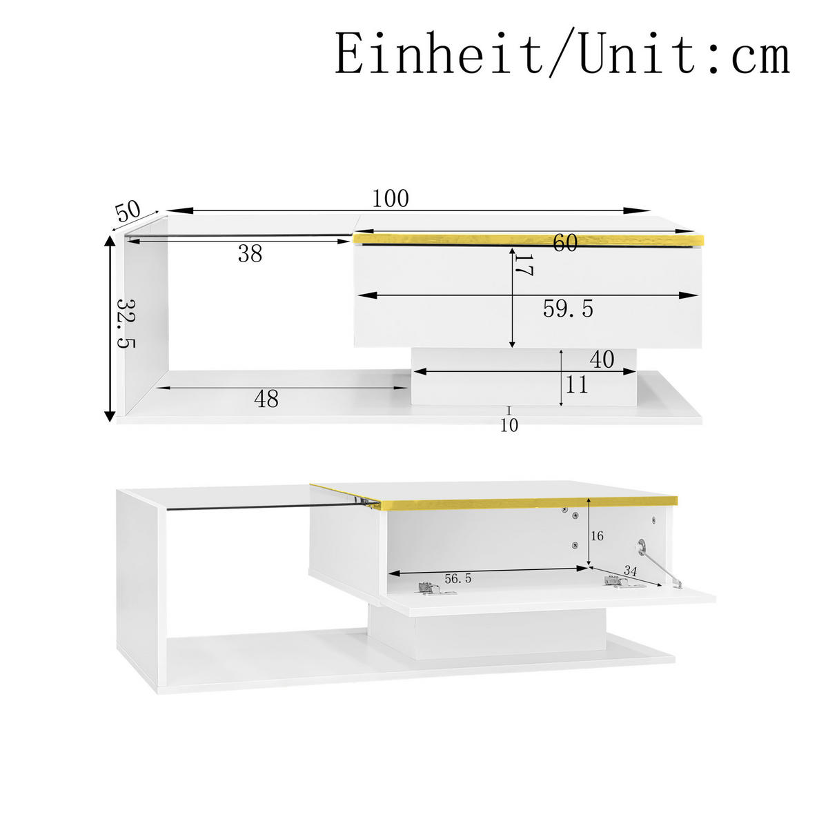COUCHTISCH 100/50 cm weiß aus Spanplatte mit Glas und LED-Beleuchtung - Weiß, Holzwerkstoff (100/50/32.5cm) - OKMYHOME