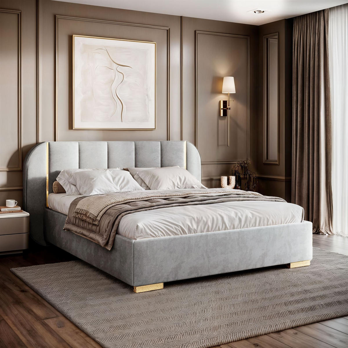 BETT AMARA GOLD 140x200 gepolstert mit Stauraum und Lattenrost, Royal Velvet 251 - Grau, Textil (140/200cm) - Lookway