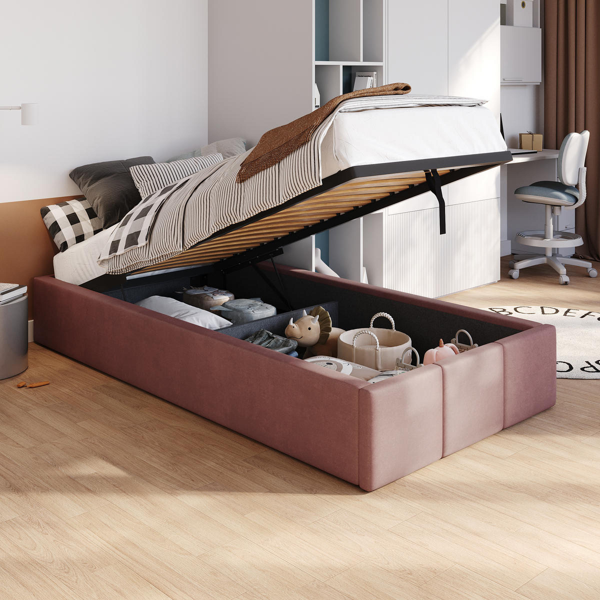 POLSTERBETT für Schlafzimmer Bett mit Stauraum Altrosa 90x200cm - Altrosa, Holzwerkstoff/Textil (90/200cm) - Muralo