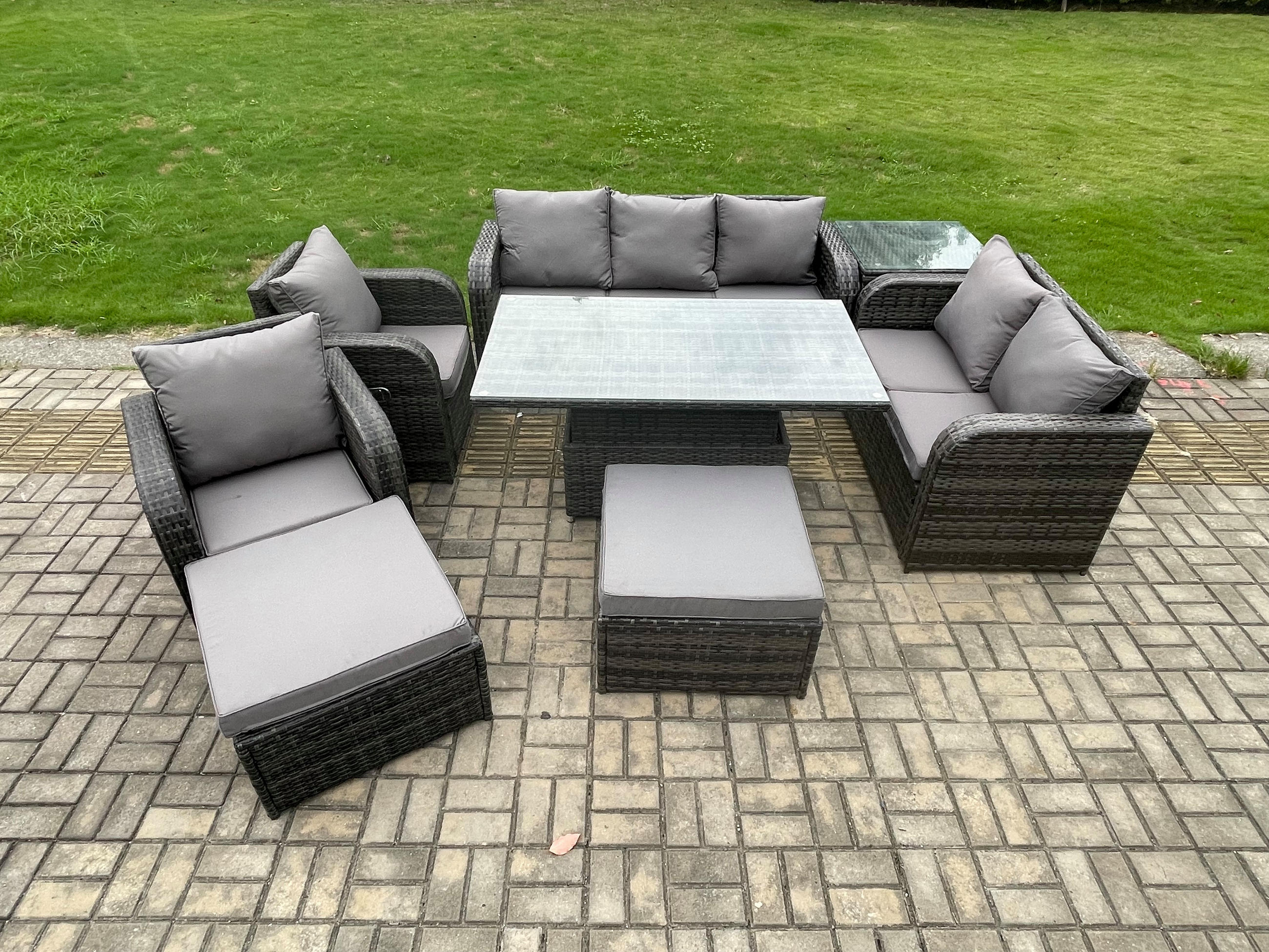 GARTENSET MIT COUCHTISCH BEISTELLTISCH HOCKER Polyrattan Patio 9-Sitzer - Dunkelgrau/Grau, Glas/Kunststoff - Fimous
