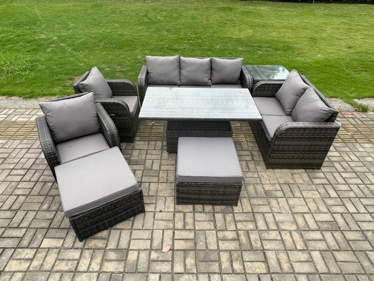 GARTENSET MIT COUCHTISCH BEISTELLTISCH HOCKER Polyrattan Patio 9-Sitzer - Dunkelgrau/Grau, Glas/Kunststoff - Fimous