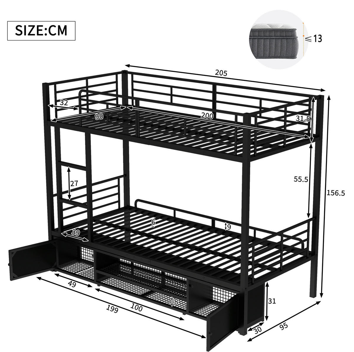 ETAGENBETT aus Metall 90x200 cm Schwarz mit Schuhablage, 2 Schränken, Leiter und Fallschutz - Schwarz, Metall (90/200cm) - IVMEU