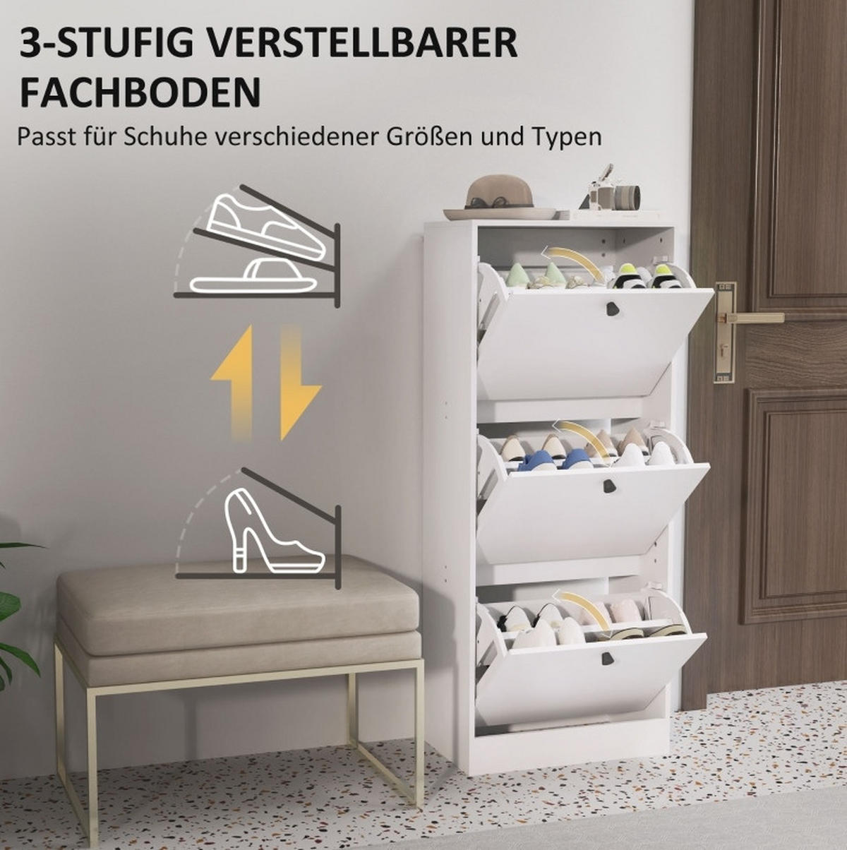 SCHUHSCHRANK 47/28/115 cm in Weiß mit 3 Klappen - Weiß, Holzwerkstoff (47/115/28cm) - Flora Grace