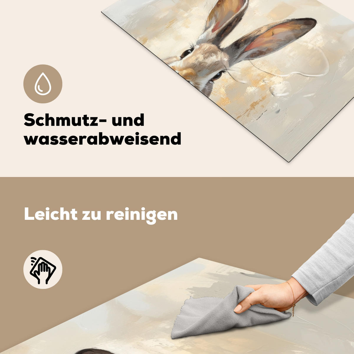 HERDABDECKPLATTE Hase - Ohren - Braun Ceranfeldabdeckung 85x52 cm - Beige, Kunststoff (85/52/0.2cm) - MuchoWow