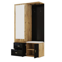 GARDEROBE Flurgarderobe Spiegel Sitzbank Kleiderhaken ausziehbare Stange mit Stauraum Schwarz Holzdekor - Schwarz/Naturfarben, Glas/Holzwerkstoff (100/180/38cm) - EVRYAE