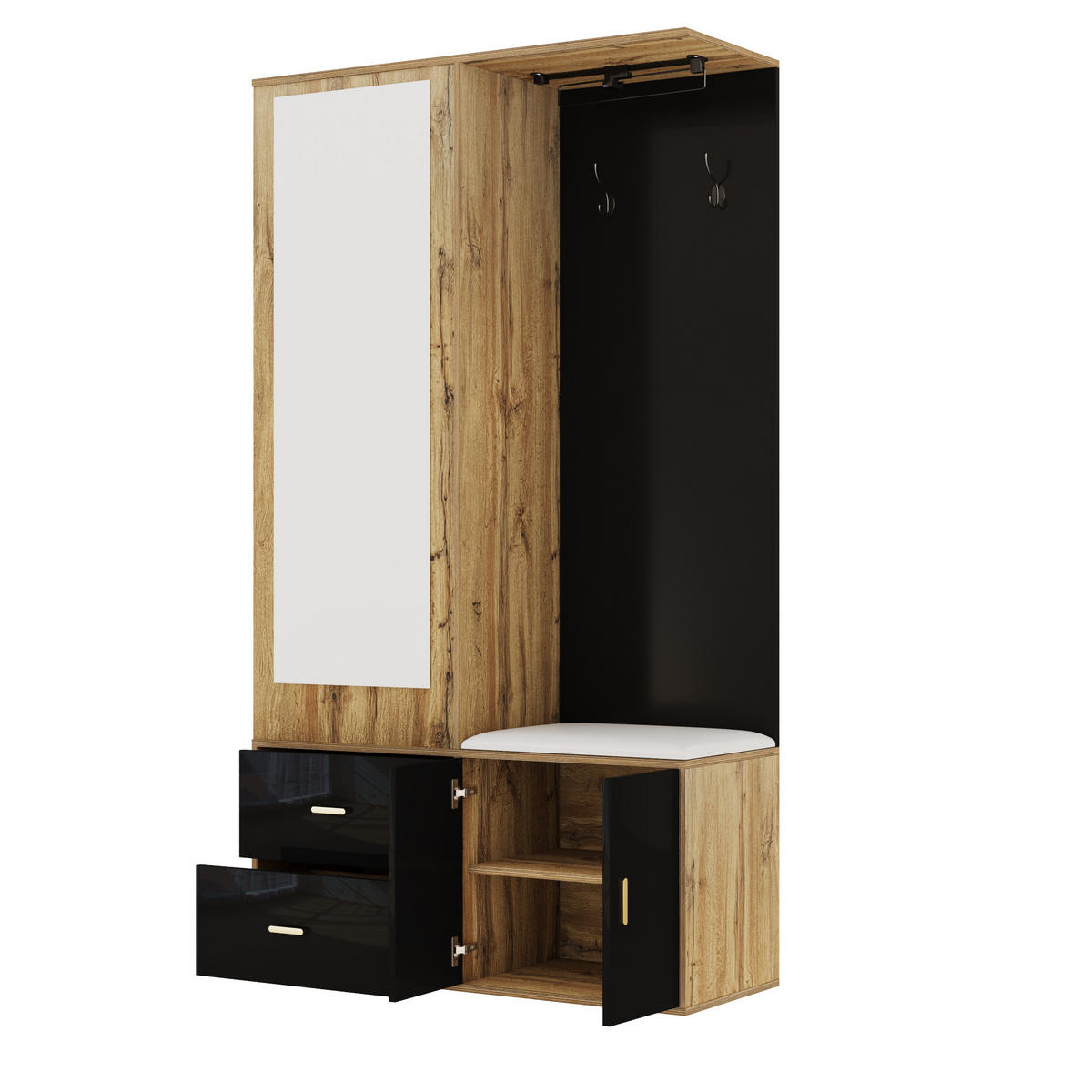 SCHUHSCHRANK aus Spanplatte 100x38x180cm in Schwarz & Natur mit Spiegel - Naturfarben, Holzwerkstoff (100/180/38cm) - Modfu