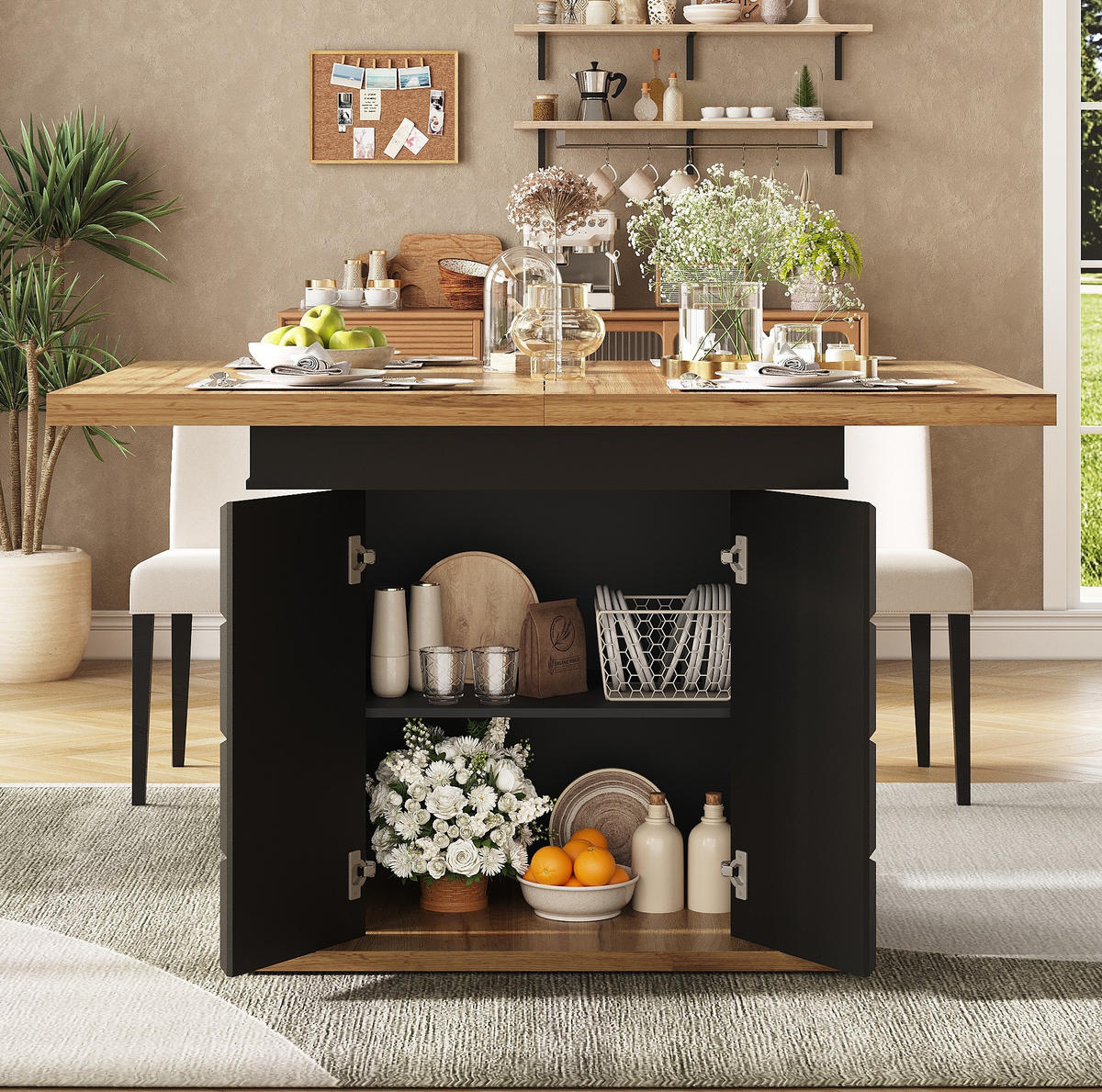 JÍDELNÍ stůl 110-140/80/75 cm černá/přírodní z MDF a kovu s rozkládáním a úložným prostorem - černá, kompozitní dřevo (110/80/75cm) - OKWISH