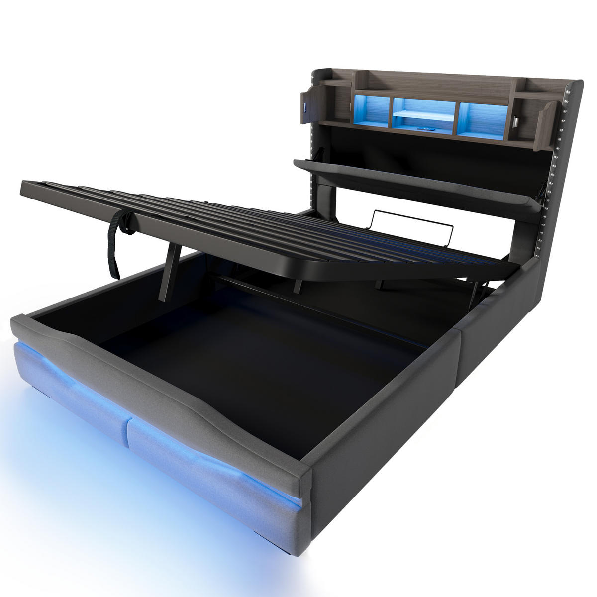 POLSTERBETT 140/200 cm Grau mit USB-C, LED-Leuch, USB und Kopfteil Stauraum - Grau, Textil (140/200cm) - Oxeza