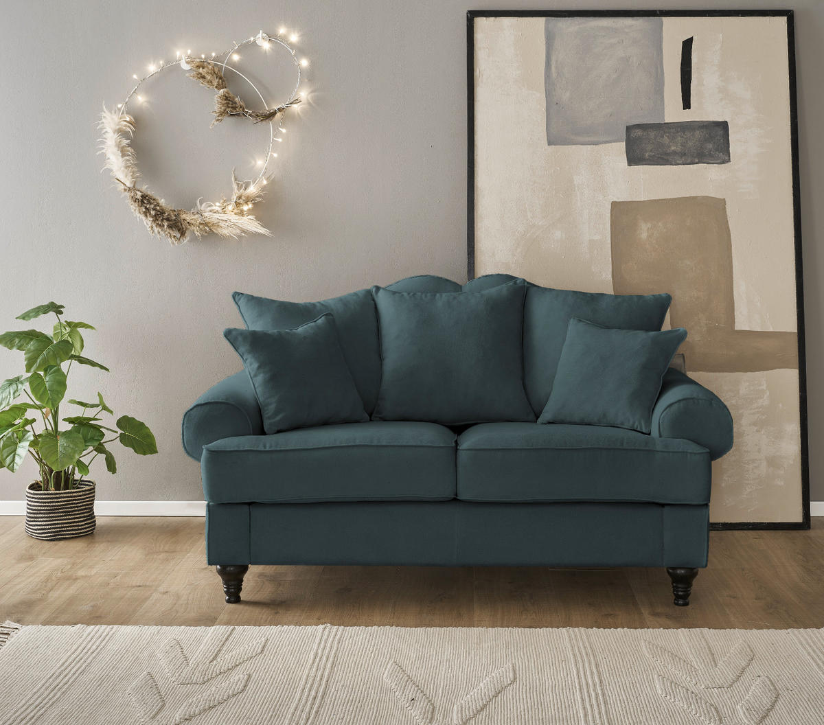 SOFA blaugrün Landhaus, Couch 2-Sitzer 170 cm - Dunkelgrün, Holz/Textil (170/95/100cm) - Furn.Design