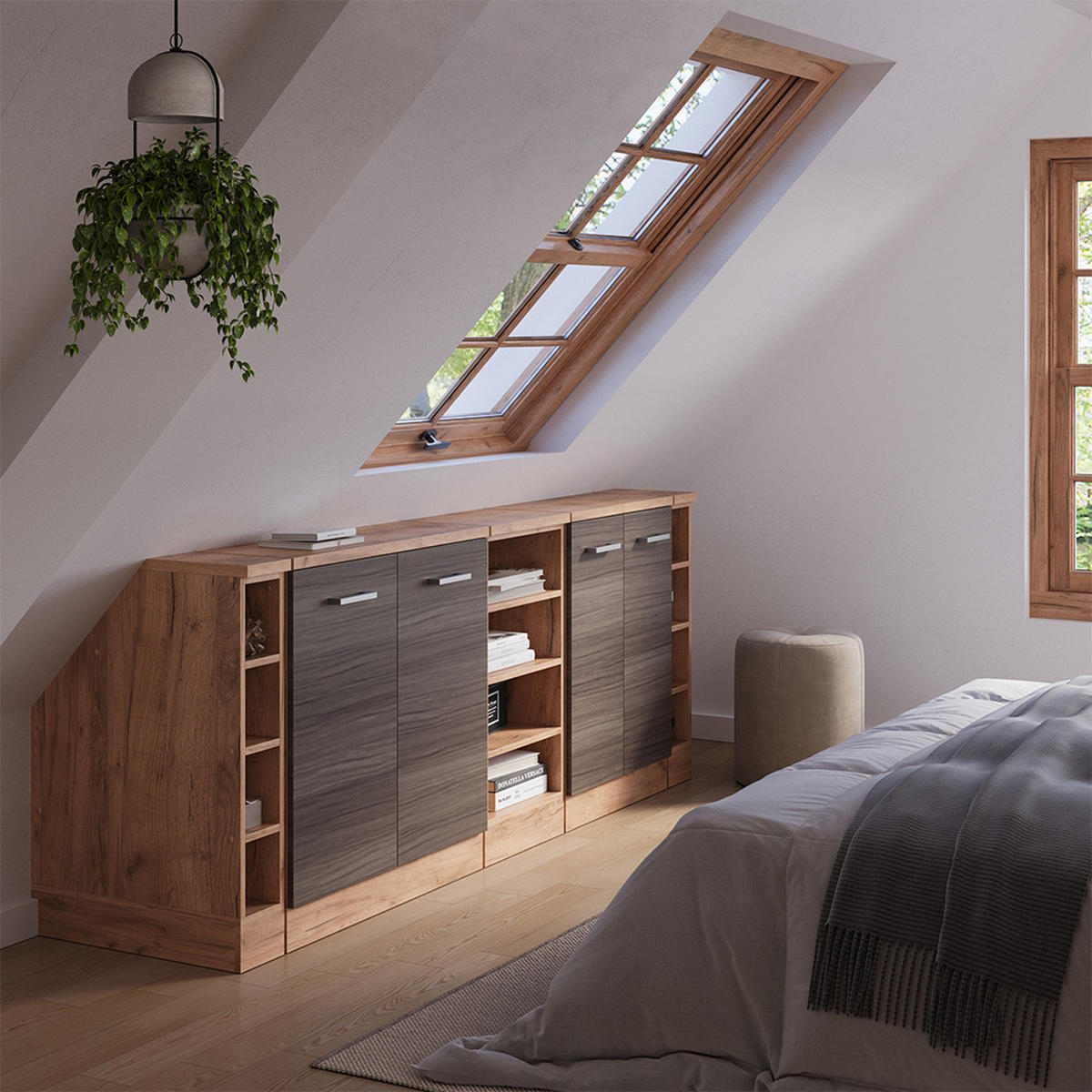 DACHSCHRÄGENSCHRANK-SET Rion Edelgrau 210 cm 5er Set Schrankkorpuss 60 cm Tiefe - Honigeiche/Grau, Holzwerkstoff (210/83.8/60cm) - Vicco