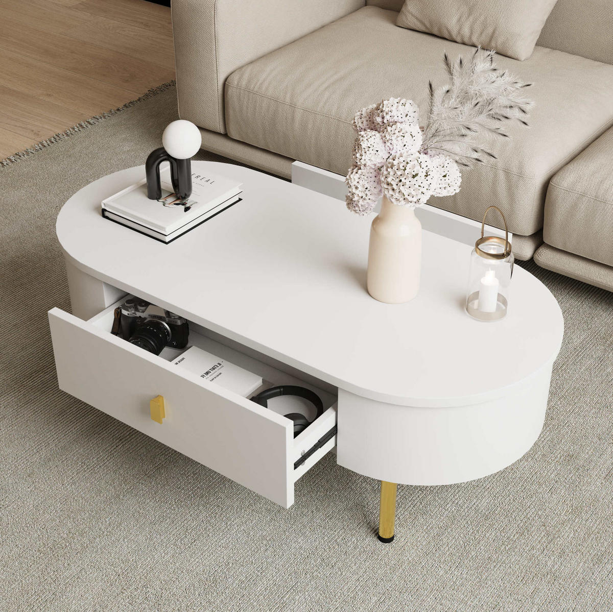 COUCHTISCH, MDF weiß mit goldenen Griffen und Beinen, 2 Schubladen, 108/50/40 cm, Weiß und Gold - Weiß, Holzwerkstoff (108/50/40cm) - Redom