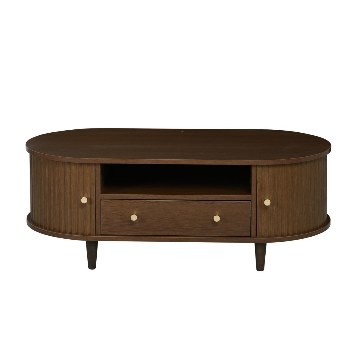 COUCHTISCH oval 100 x 50 x 36 cm MDF Walnuss mit Schublade und Rolltür - Braun, Holz (100/50/36cm) - Meubliv