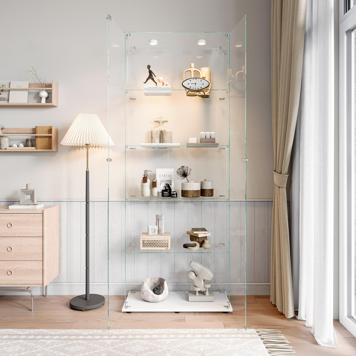 GLASVITRINE 187x77x35 cm 2 Türen LED Touch freistehend weiß - Weiß, Holz (78.5/186.5/34.5cm) - LEBENLANG