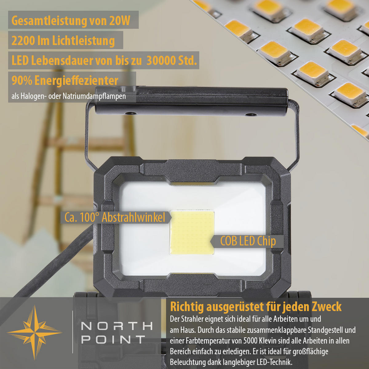 LED-ARBEITSSTRAHLER - 20W mit 2200 Lumen, IP65 spritzwassergeschützt und stabilem Standfuß, 3m Zuleitungskabel - Schwarz, Metall (6/16.4/17.7cm) - Northpoint