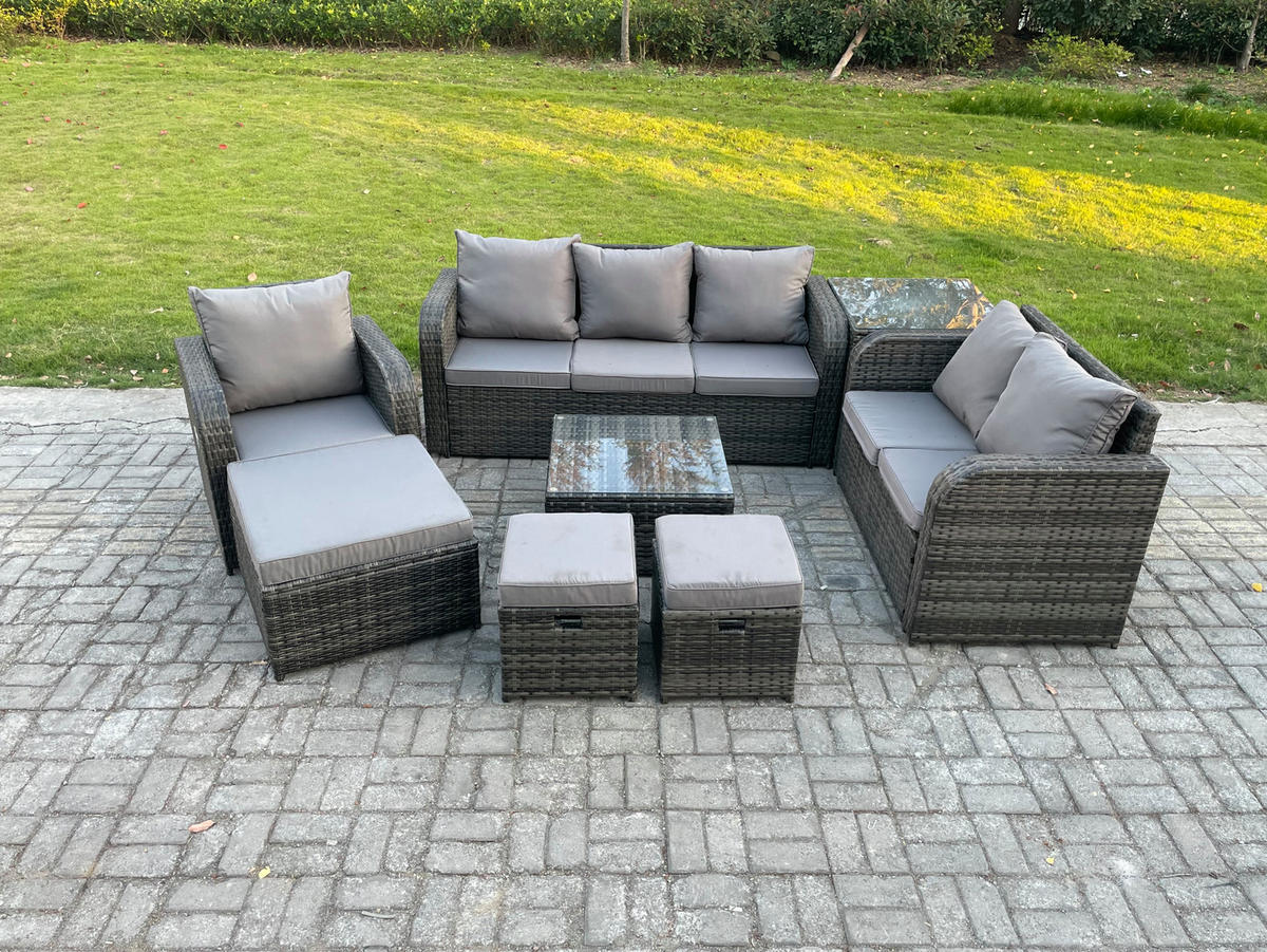 GARTENTISCHGRUPPE Polyrattan Dunkelgrau 8-teilige - Dunkelgrau/Grau, Glas/Kunststoff - Fimous