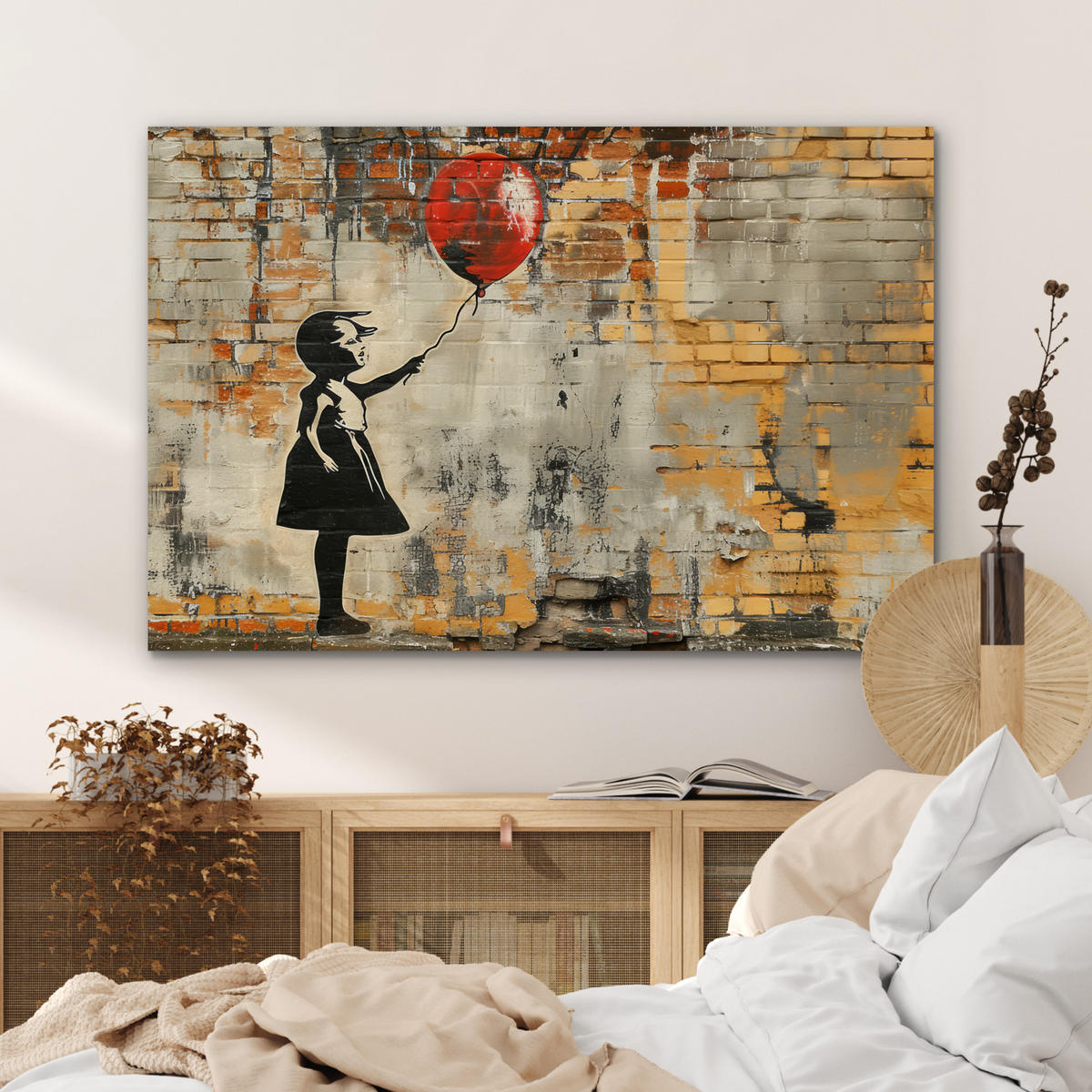 METALLBILD Graffiti - Banksy - Mädchen - Straßenkunst 90x60 cm - Sandfarben, Metall (90/60cm) - MuchoWow