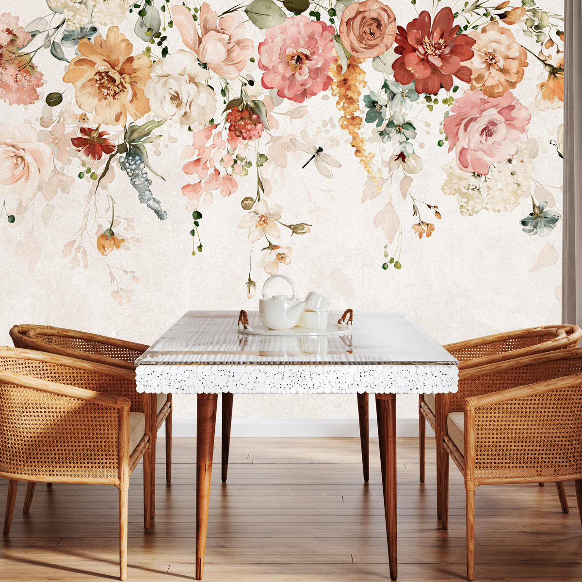 FOTOTAPETE für Esszimmer Aquarellblumen Blätter Pflanzen Pfingstrosen Rosen 500x350 - Multicolor, Papier (500/350cm) - Muralo