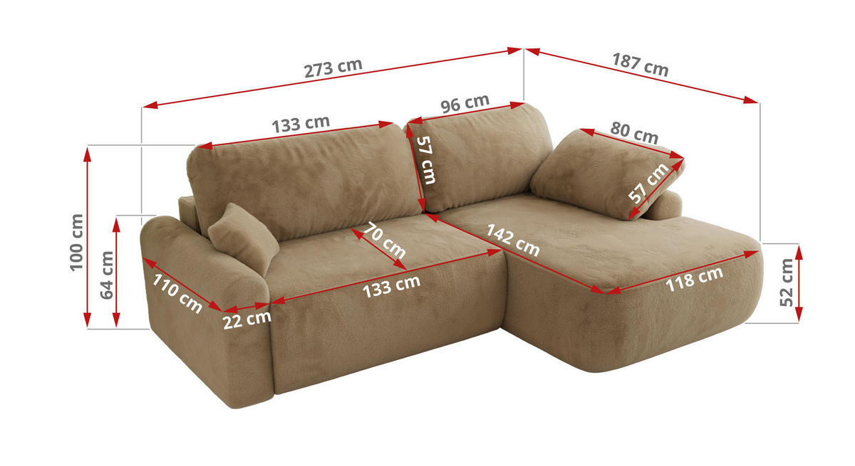 ECKSCHLAFSOFA CUBO L Beige Plüsch - links - Beige/Schwarz, Kunststoff/Textil (273/187cm) - MKS
