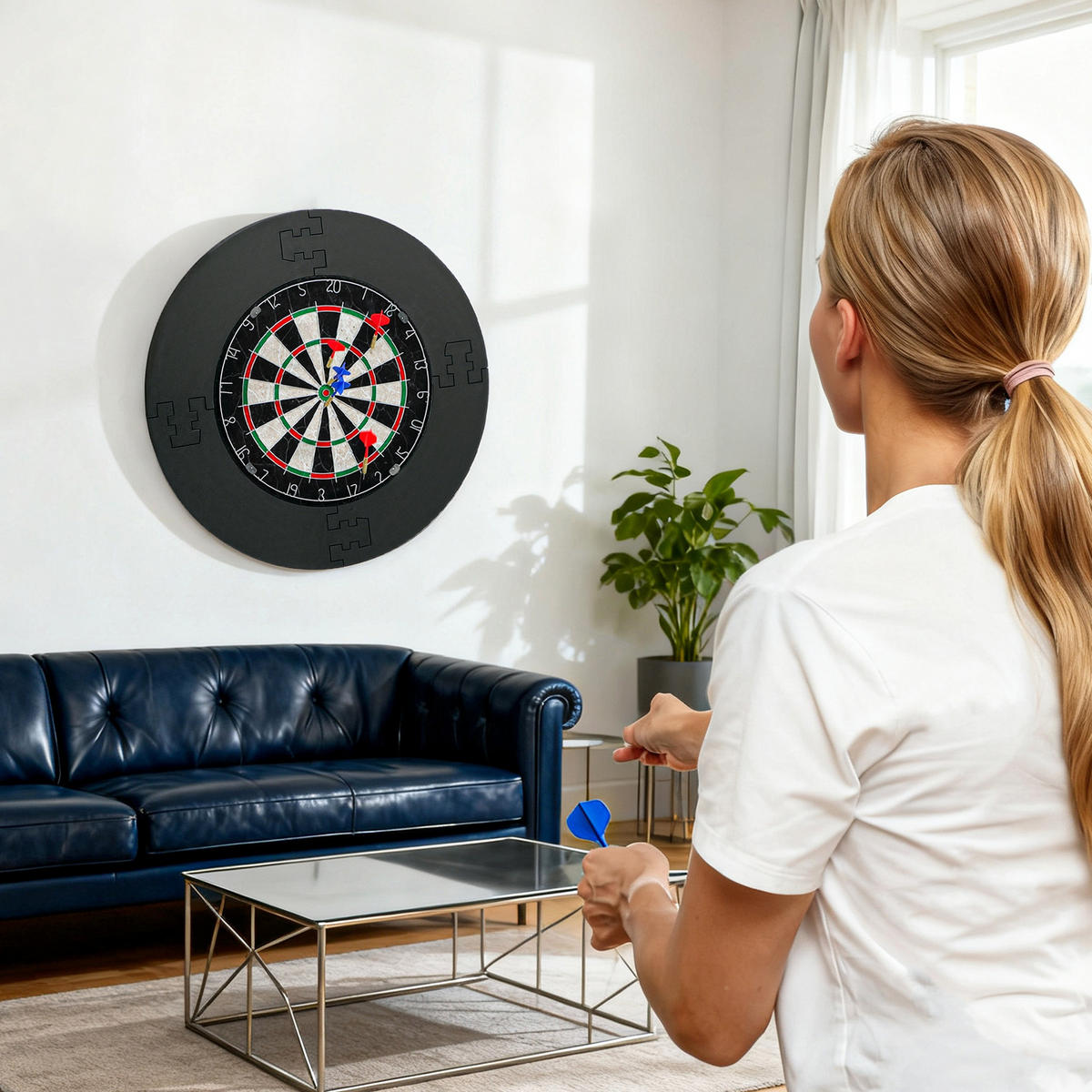 DARTSCHEIBE DE-10828 mit Schutzring & 6 Stahlspitzen-Darts Schwarz - Schwarz, Kunststoff (71.5/71.5cm) - ComfortXL