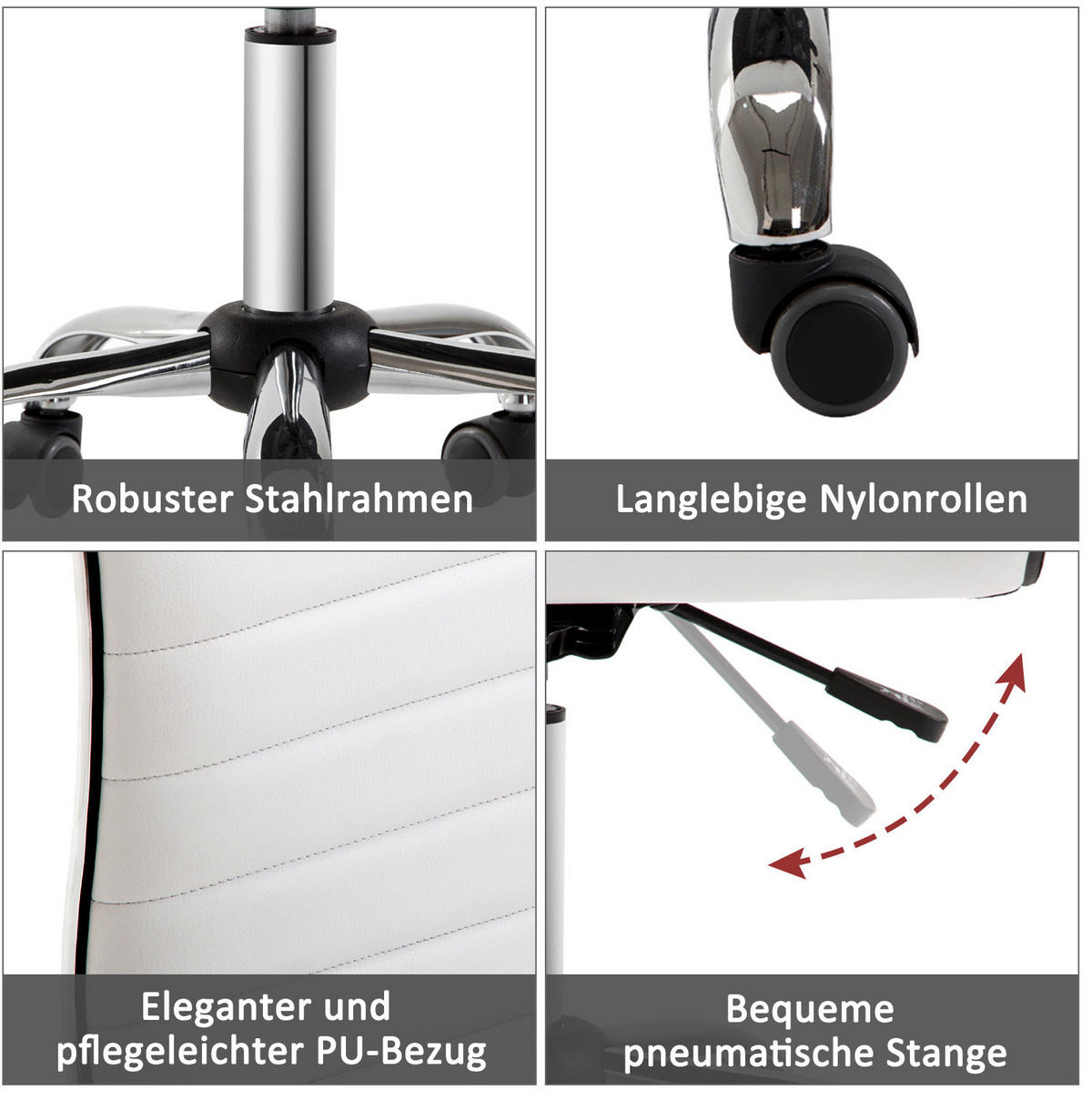STUHL, höhenverstellbar 43-55 cm, Bonded Leather, 48/52/78-90 cm, weiß - Weiß, Kunststoff (52/90/48cm) - Redom