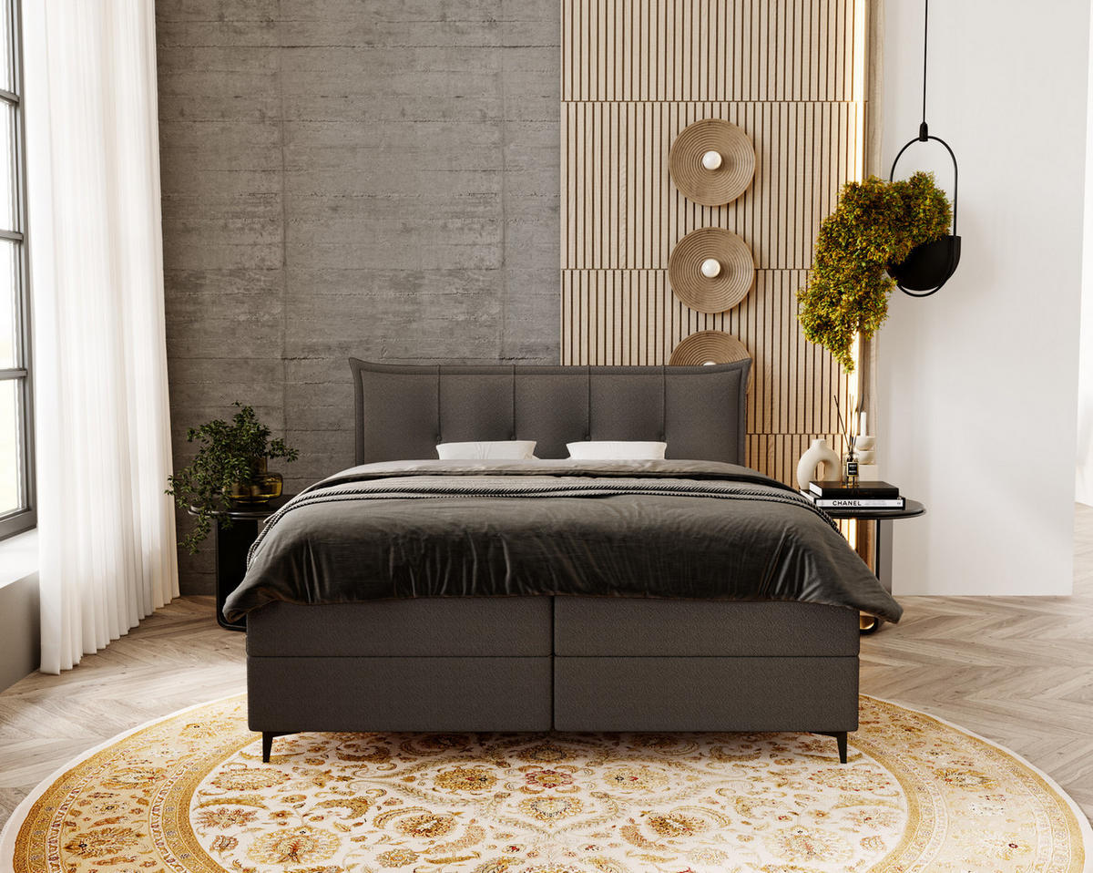 BOXSPRINGBETT Boucle 160x200 Liron mit Kissen-Kopfteil und Matratze, Dunkelgrau - Dunkelgrau, Holz/Textil (160/200cm) - Emporius